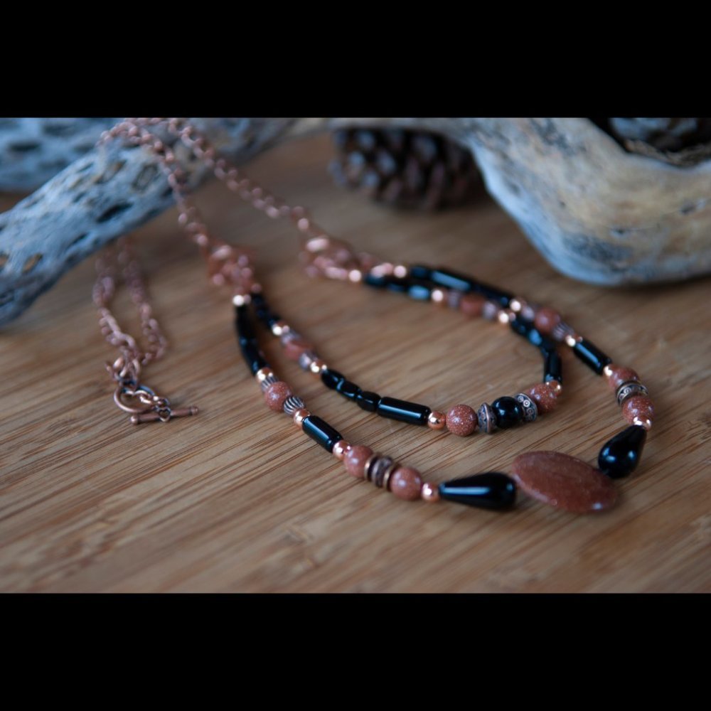 NEW Handmade- Necklace of Goldstone, Copper Tone Metal and Black Glass Beads - Picture 7 of 8